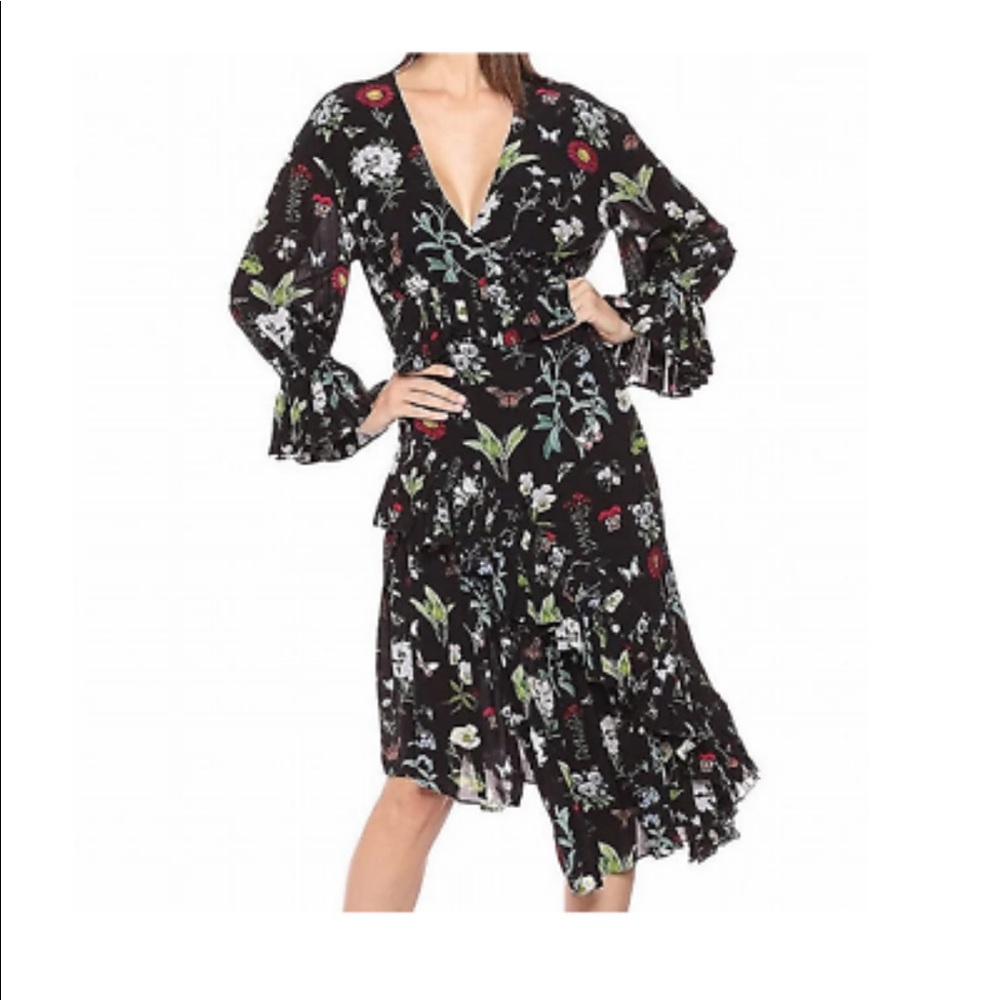 JOIE ANALENA FLORAL PLEATED RUFFEL ASYMMETRICAL MIDI DRESS size M